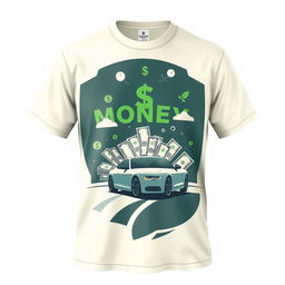 Create a cream-colored shirt design featuring elements of money management, with images of a car and money