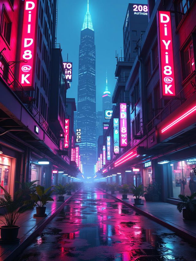 Design a book cover print with a cyberpunk mural border, featuring a futuristic dystopian cityscape with neon lights