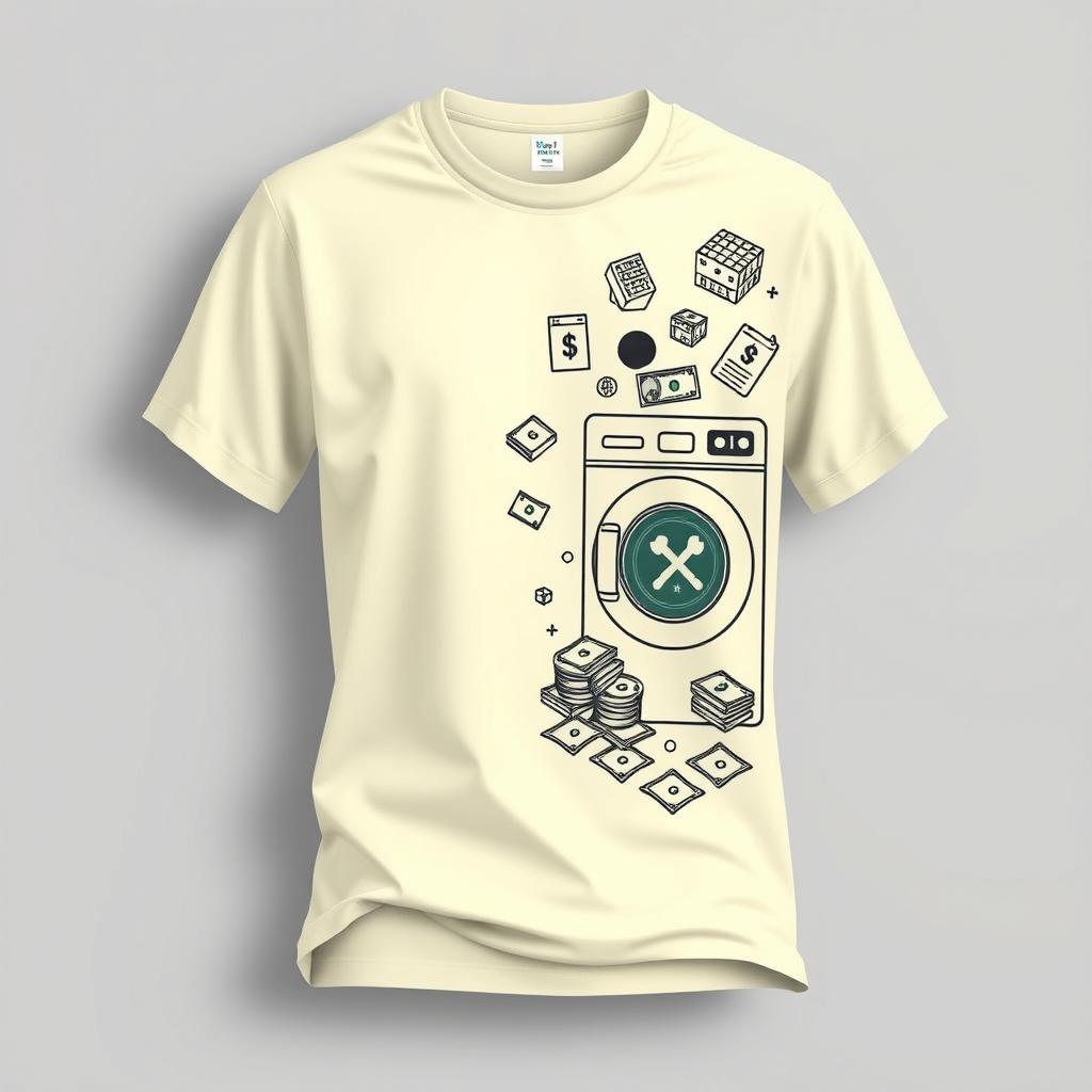 Create a cream-colored shirt design featuring elements of money management and the concept of money laundering