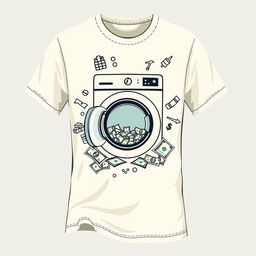 Create a cream-colored shirt design featuring elements of money management and the concept of money laundering