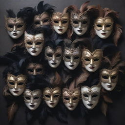 A gloomy art piece filled with numerous masquerade masks, all exhibiting a somber tone through muted colors, dark feathers, and hauntingly beautiful designs