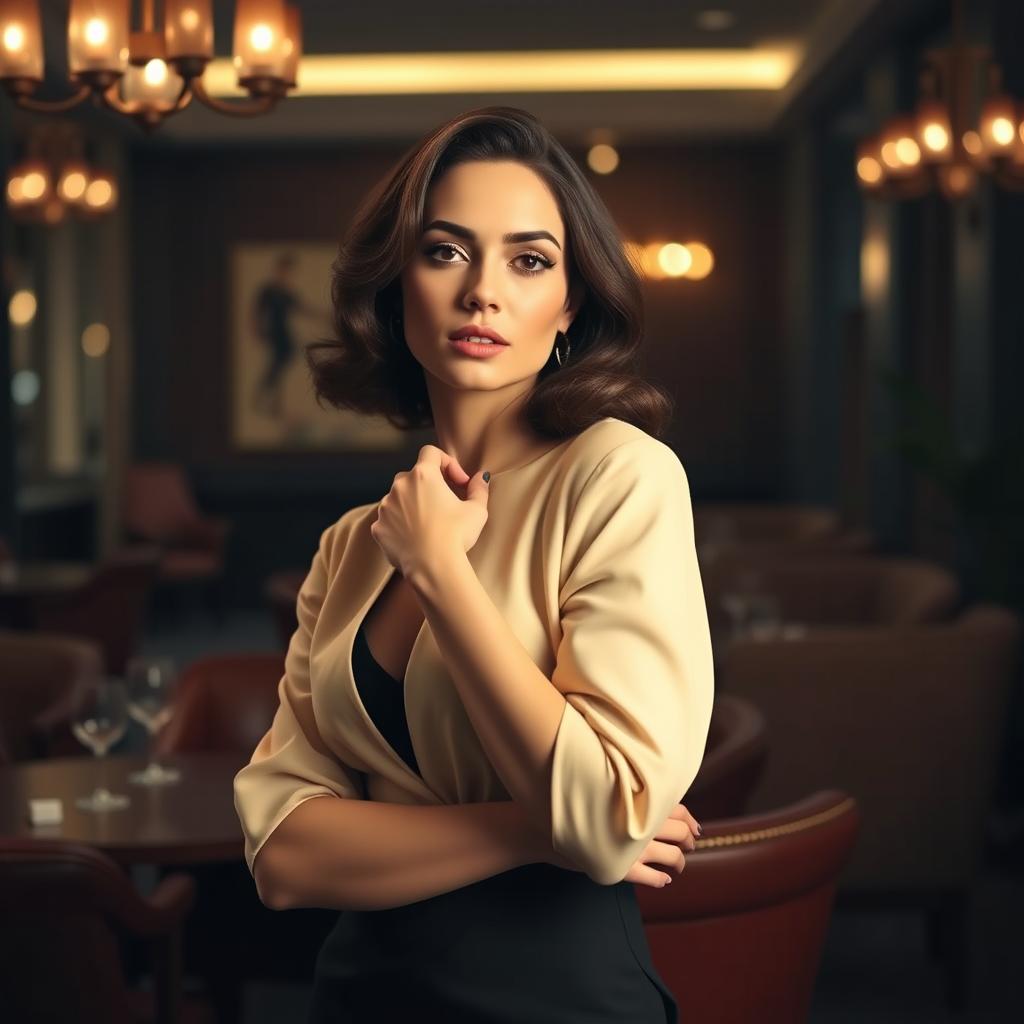 A stylish and elegant woman poses confidently in a sophisticated setting