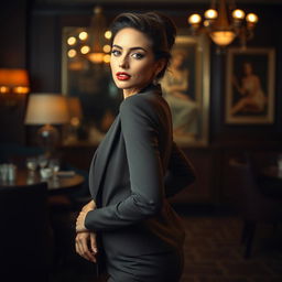 A stylish and elegant woman poses confidently in a sophisticated setting