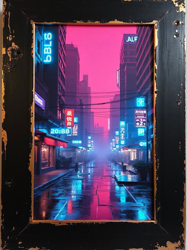 A book cover print featuring a black mural border and a futuristic cyberpunk dystopia with neon lights in the background