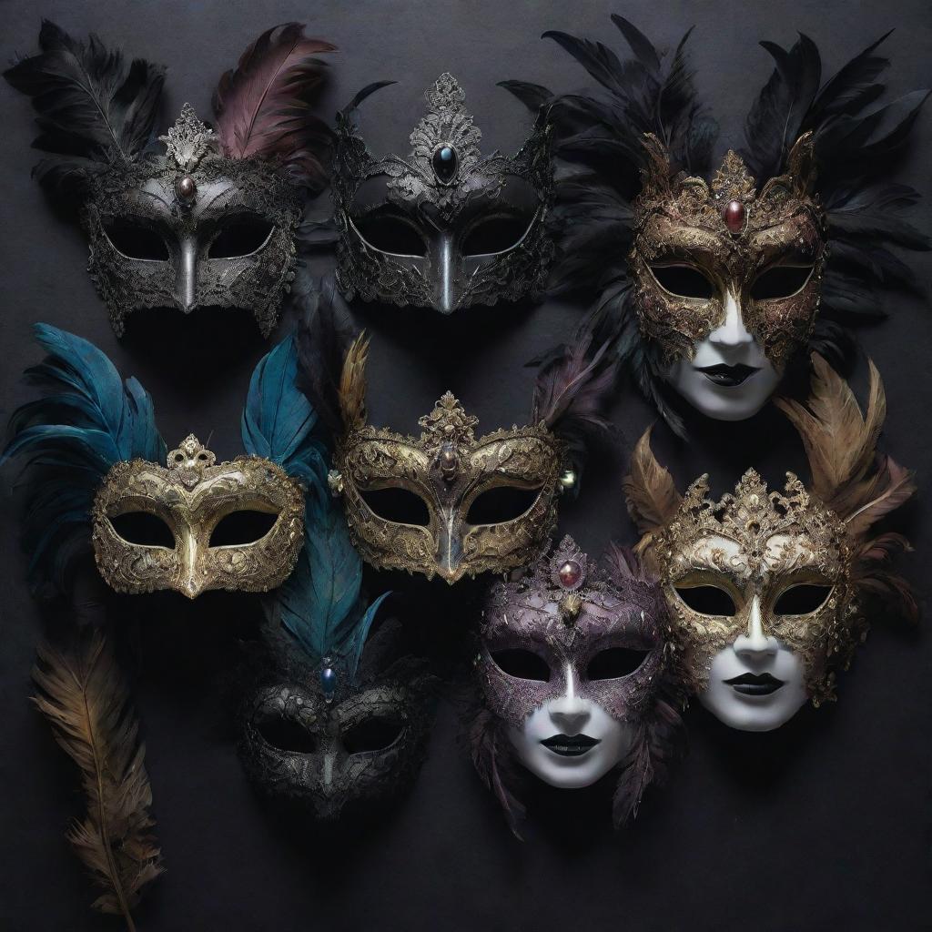 A grim art scene depicting five sinister masquerade masks, each brandishing gloomy colors, shadowy feathers, and hauntingly intricate designs, evoking a sense of gothic beauty