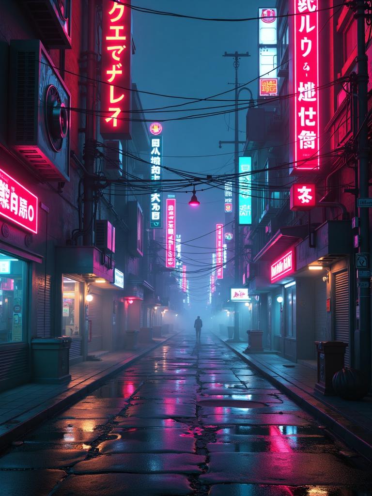 A book cover print featuring a black mural border and a futuristic cyberpunk dystopia with neon lights in the background