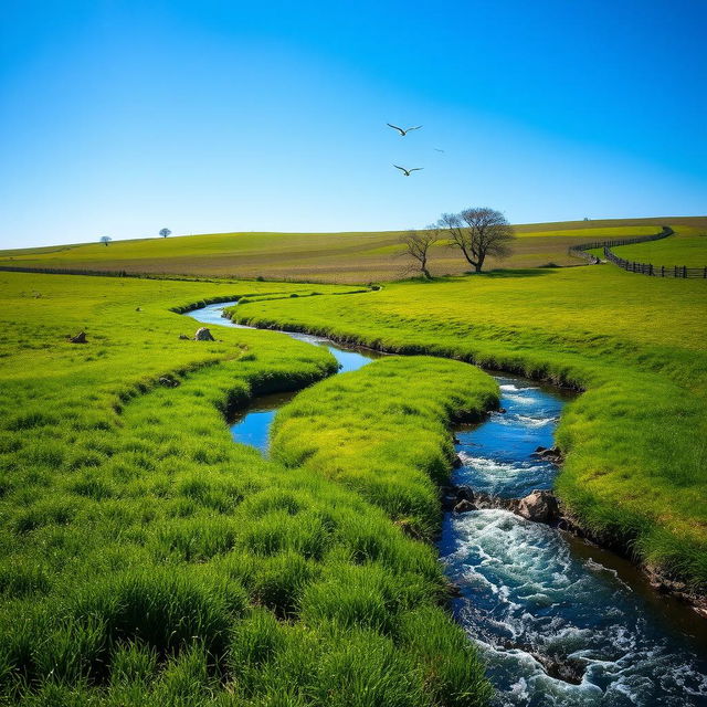 A serene landscape featuring a clear blue sky, lush green meadows, and a sparkling river flowing through the countryside