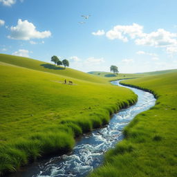 A serene landscape featuring a clear blue sky, lush green meadows, and a sparkling river flowing through the countryside