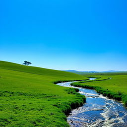 A serene landscape featuring a clear blue sky, lush green meadows, and a sparkling river flowing through the countryside