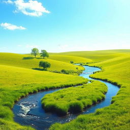 A serene landscape featuring a clear blue sky, lush green meadows, and a sparkling river flowing through the countryside