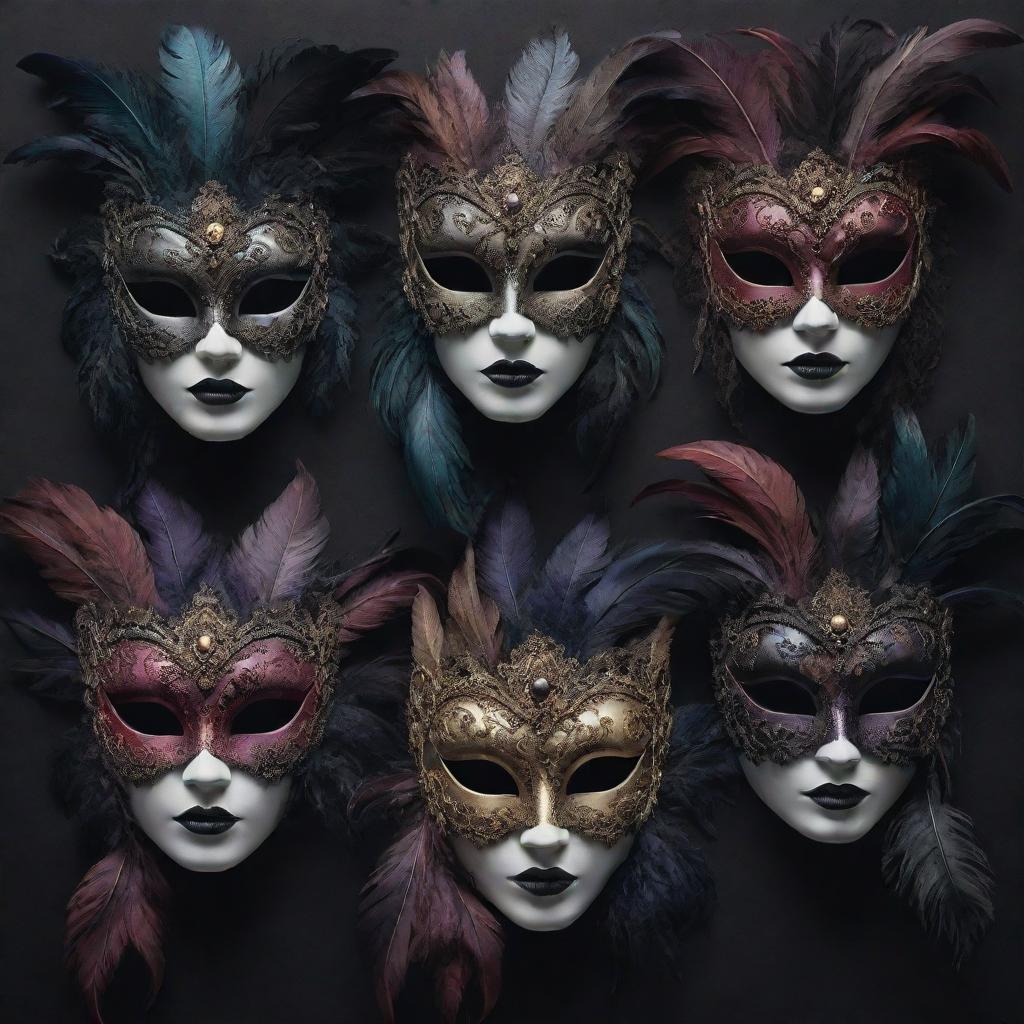 A grim art scene depicting five sinister masquerade masks, each brandishing gloomy colors, shadowy feathers, and hauntingly intricate designs, evoking a sense of gothic beauty