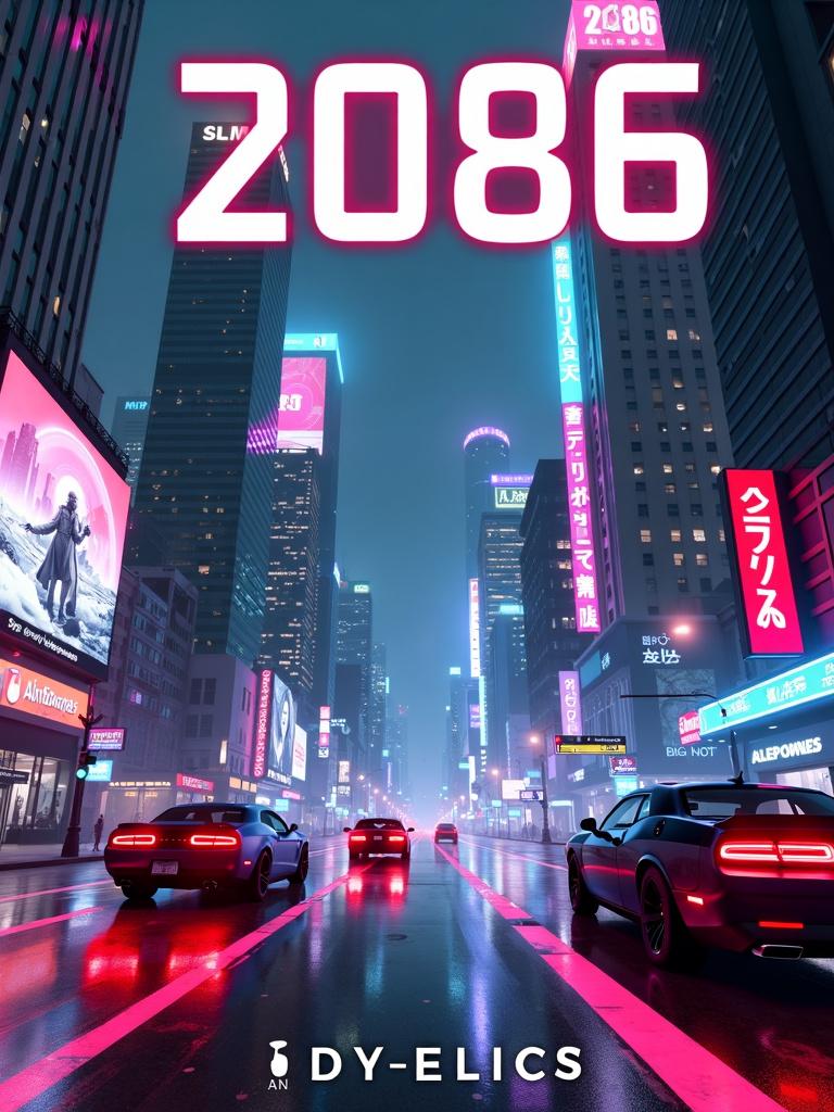 Create a cyberpunk book cover for "2086" by "IDYLLIC" featuring a neon-lit futuristic cityscape, holographic ads, flying cars, and cybernetic enhancements