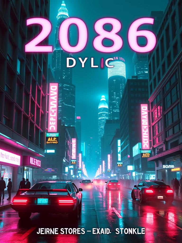 Create a cyberpunk book cover for "2086" by "IDYLLIC" featuring a neon-lit futuristic cityscape, holographic ads, flying cars, and cybernetic enhancements