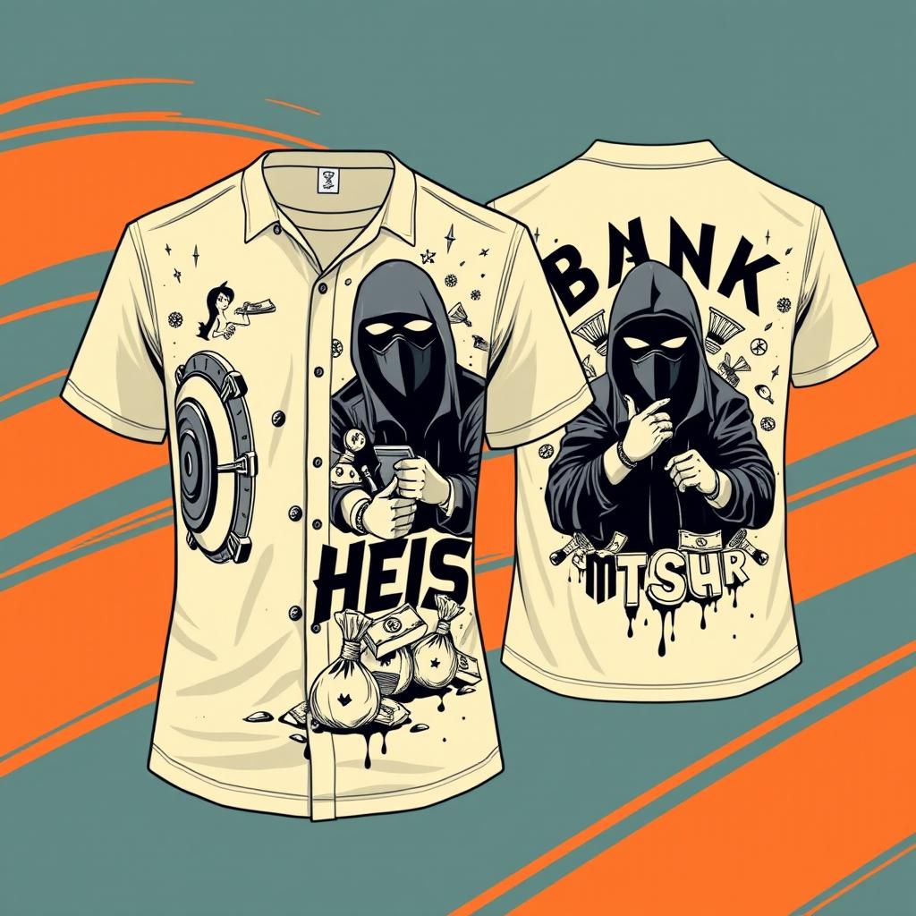 Design a cream-colored shirt with the theme 'bank money heist'