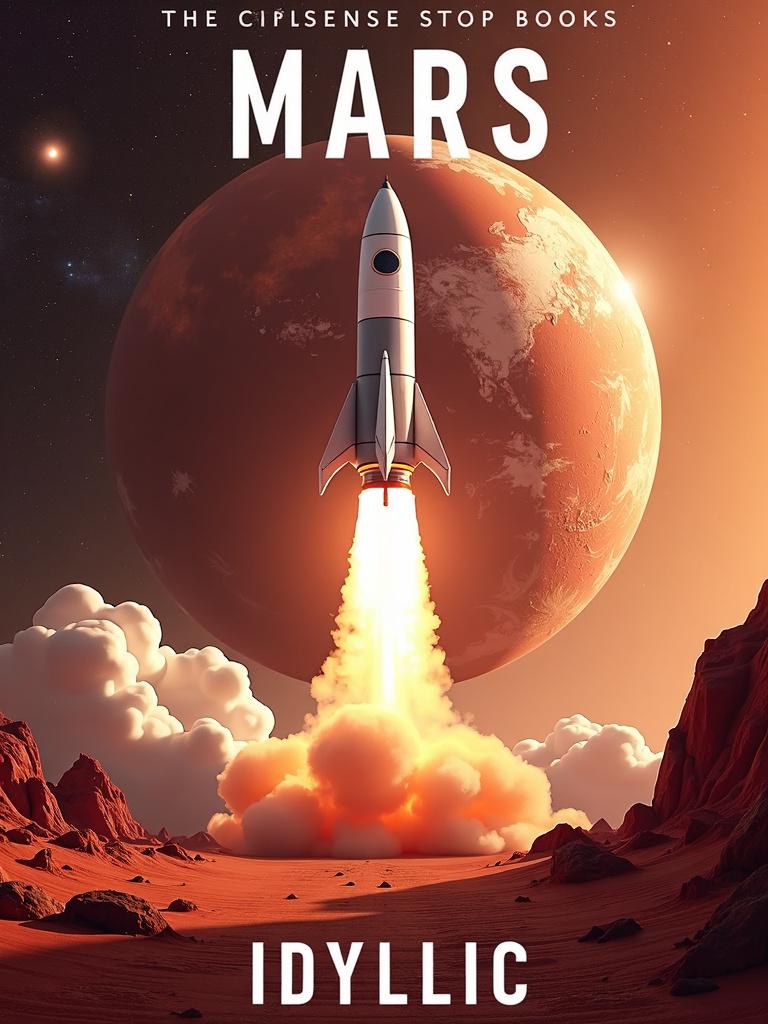 Book cover with a rocketship launching from Mars, Earth in the background, title 'MARS' at the top, and author 'IDYLLIC' at the bottom, all in strong white font