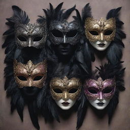 A grim art scene depicting five sinister masquerade masks, each brandishing gloomy colors, shadowy feathers, and hauntingly intricate designs, evoking a sense of gothic beauty