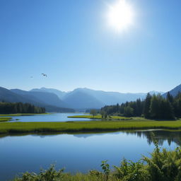 A beautiful landscape featuring a serene lake surrounded by lush greenery and mountains in the background under a clear blue sky