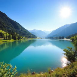 A beautiful landscape featuring a serene lake surrounded by lush greenery and mountains in the background under a clear blue sky