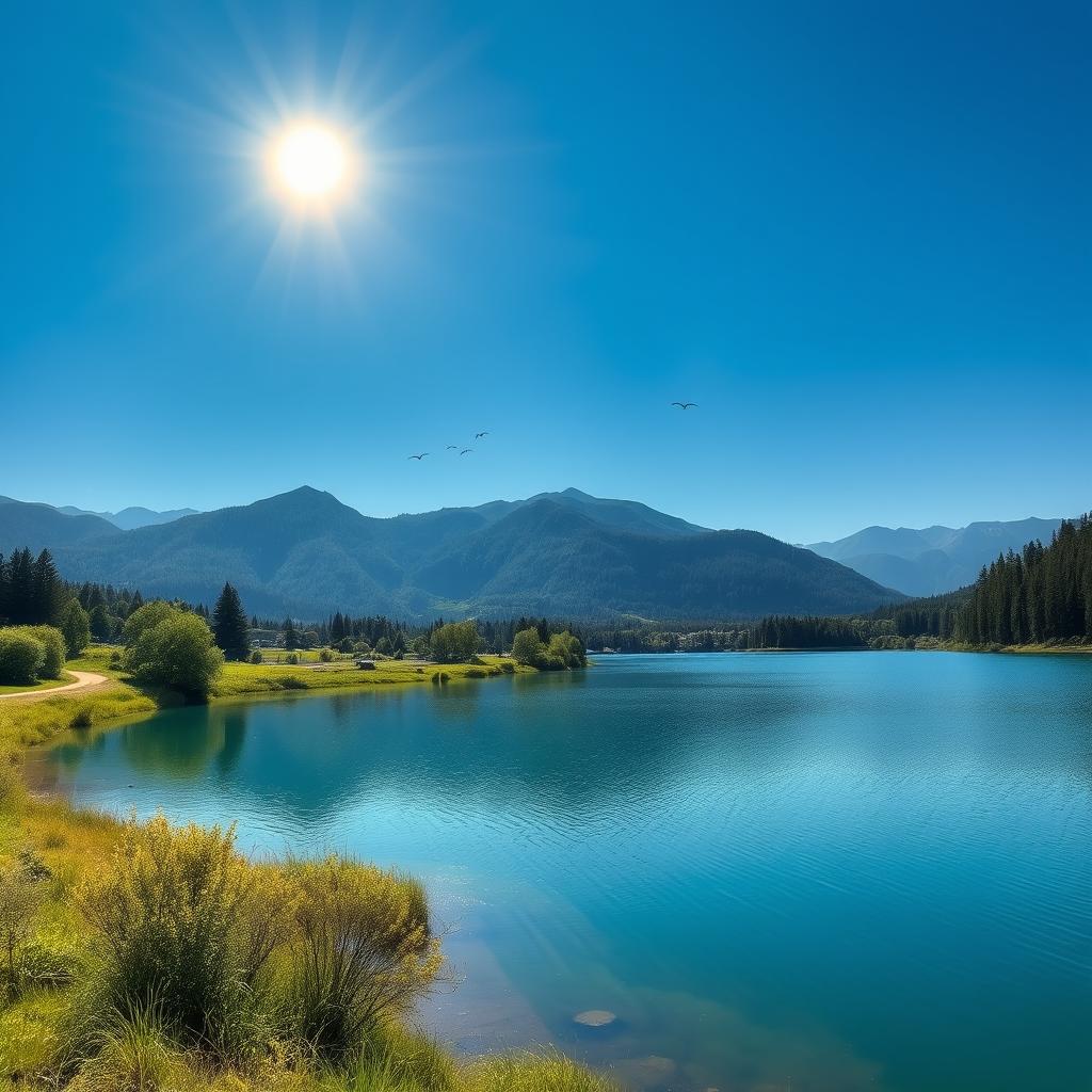 A beautiful landscape featuring a serene lake surrounded by lush greenery and mountains in the background under a clear blue sky