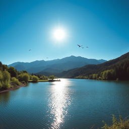 A beautiful landscape featuring a serene lake surrounded by lush greenery and mountains in the background under a clear blue sky