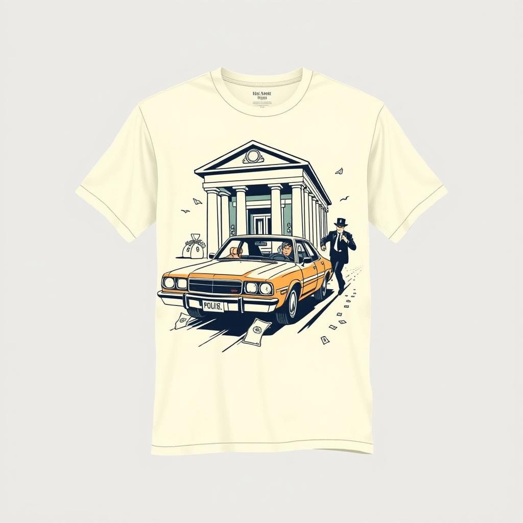 Design a cream-colored shirt featuring an illustration of a bank heist involving a getaway car