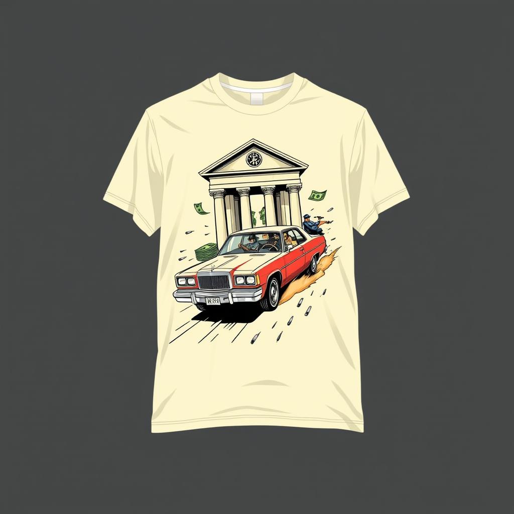 Design a cream-colored shirt featuring an illustration of a bank heist involving a getaway car