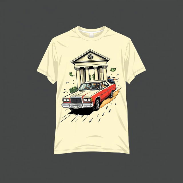 Design a cream-colored shirt featuring an illustration of a bank heist involving a getaway car