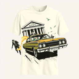 Design a cream-colored shirt featuring an illustration of a bank heist involving a getaway car