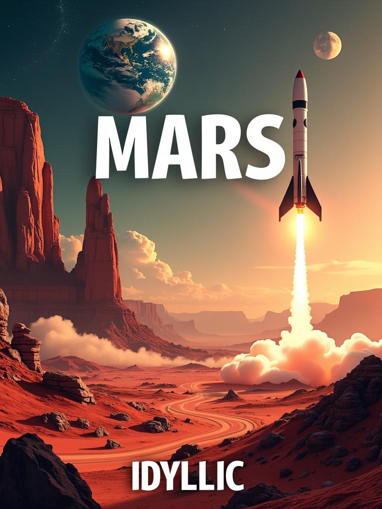 Book cover with a Martian landscape and a rocketship launching in the background, Earth in the distance, title 'MARS' at the top, and author 'IDYLLIC' at the bottom, all in strong white font