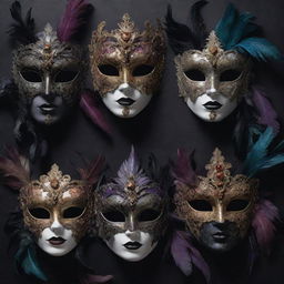 A grim art scene depicting five sinister masquerade masks, each brandishing gloomy colors, shadowy feathers, and hauntingly intricate designs, evoking a sense of gothic beauty