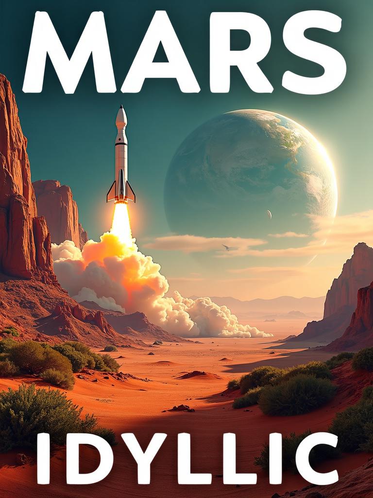 Book cover with a lush, terraformed Martian landscape and a rocketship launching in the background, Earth in the distance, title 'MARS' at the top, and author 'IDYLLIC' at the bottom, all in strong white font