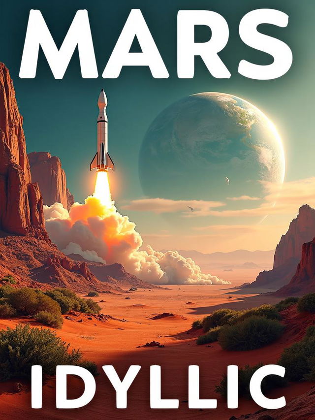 Book cover with a lush, terraformed Martian landscape and a rocketship launching in the background, Earth in the distance, title 'MARS' at the top, and author 'IDYLLIC' at the bottom, all in strong white font