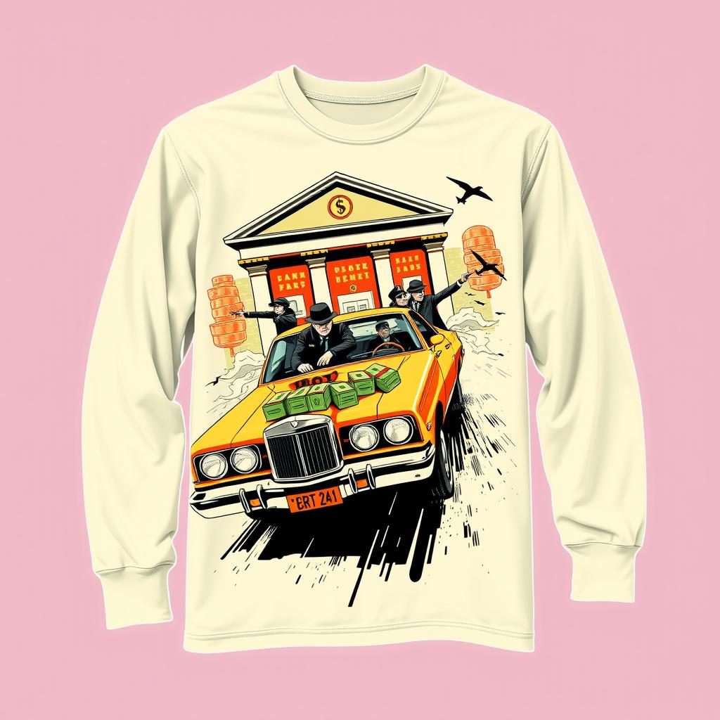 Design a cream-colored shirt featuring an illustration of a bank heist involving a getaway car