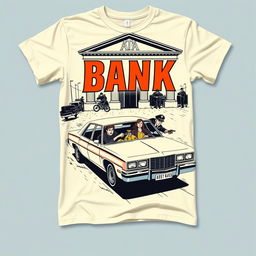 Design a cream-colored shirt featuring an illustration of a bank heist involving a getaway car