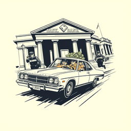 Design a cream-colored shirt featuring an illustration of a bank heist involving a getaway car