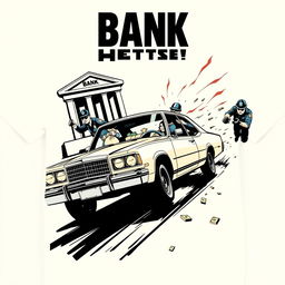 Design a cream-colored shirt featuring an illustration of a bank heist involving a getaway car