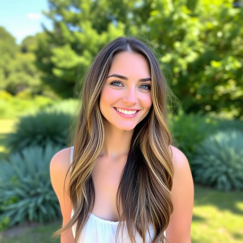 A pretty woman wearing sandals, standing in a serene outdoor setting with a gentle smile on her face