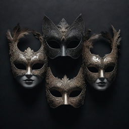 A dark and dramatic art piece featuring five ominous masquerade masks without feathers, all designed with dreary tones and intricate, haunting details