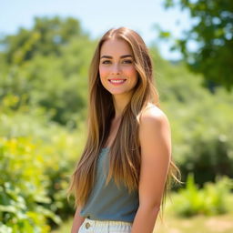 A pretty woman wearing sandals, standing in a serene outdoor setting with a gentle smile on her face