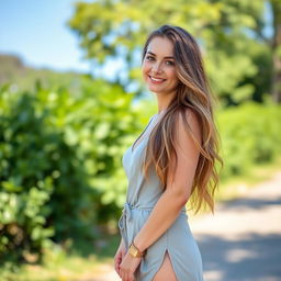 A pretty woman wearing sandals, standing in a serene outdoor setting with a gentle smile on her face