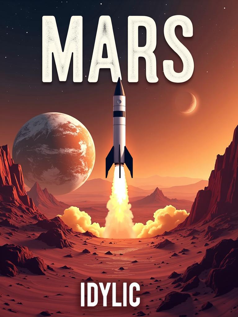 Book cover with a rocketship launching from Mars, Earth in the background, title 'MARS' at the top in Paytone One font, and author 'IDYLLIC' at the bottom in Paytone One font, all in strong white color