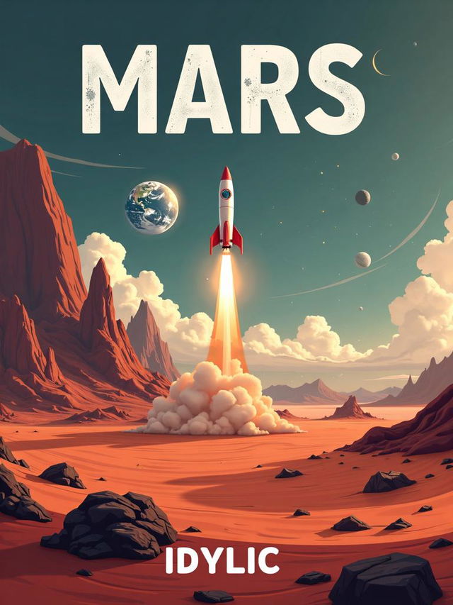 Book cover with a Martian landscape and a rocketship launching in the background, Earth in the distance, title 'MARS' at the top in Paytone One font, and author 'IDYLLIC' at the bottom in Paytone One font, all in strong white color