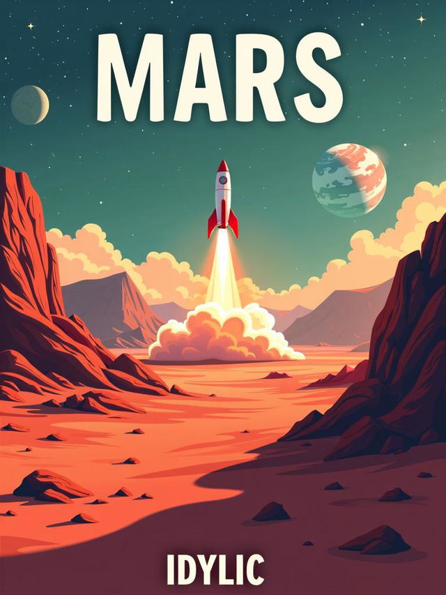 Book cover with a Martian landscape and a rocketship launching in the background, Earth in the distance, title 'MARS' at the top in Paytone One font, and author 'IDYLLIC' at the bottom in Paytone One font, all in bold white color