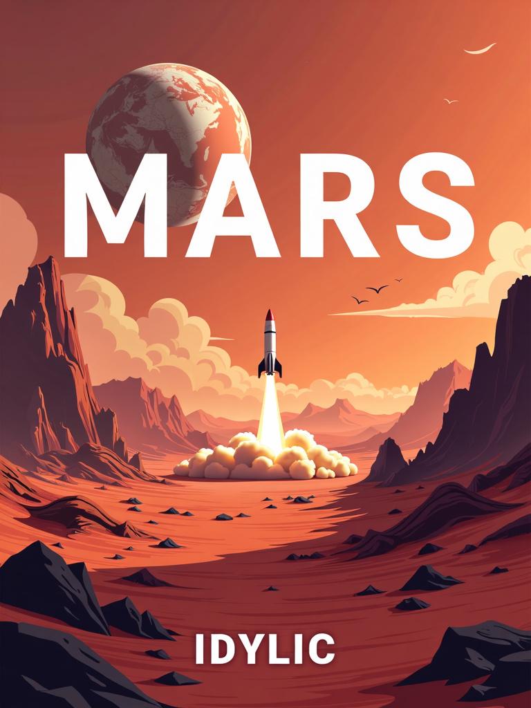 Book cover with a Martian landscape and a rocketship launching in the background, Earth in the distance, title 'MARS' at the top in Paytone One font, and author 'IDYLLIC' at the bottom in Paytone One font, all in bold white color