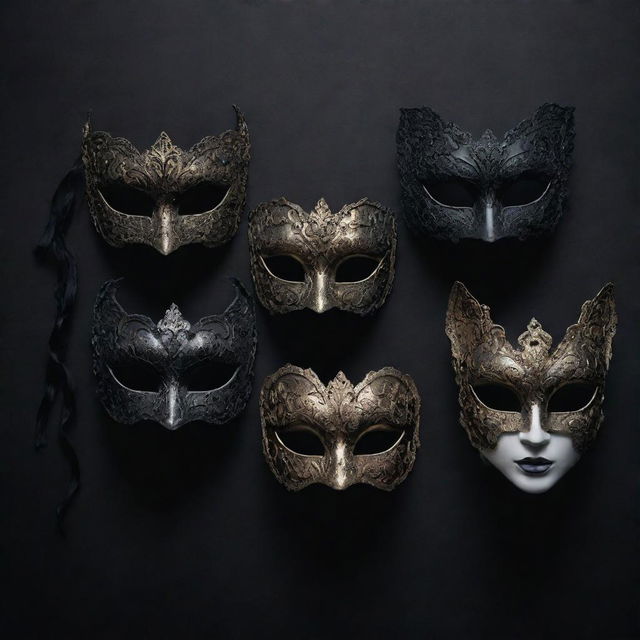 A dark and dramatic art piece featuring five ominous masquerade masks without feathers, all designed with dreary tones and intricate, haunting details