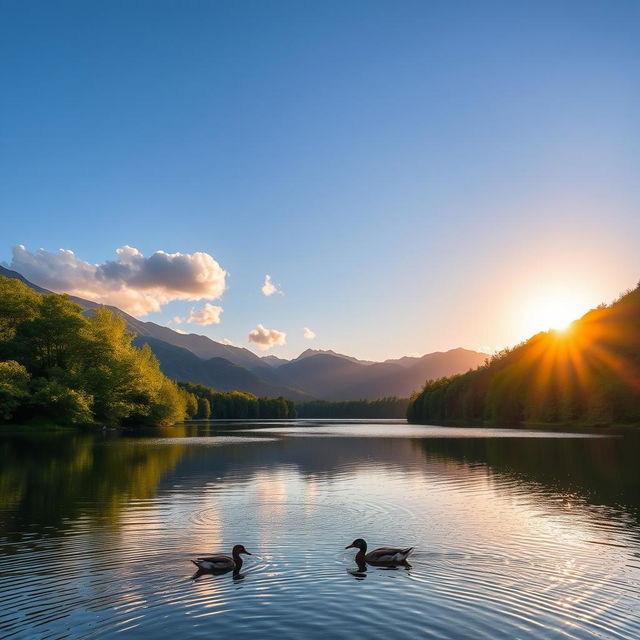 A beautiful landscape featuring a serene lake surrounded by lush green trees and mountains in the background