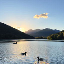 A beautiful landscape featuring a serene lake surrounded by lush green trees and mountains in the background