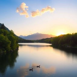 A beautiful landscape featuring a serene lake surrounded by lush green trees and mountains in the background