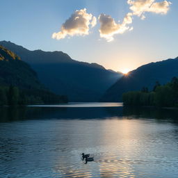 A beautiful landscape featuring a serene lake surrounded by lush green trees and mountains in the background