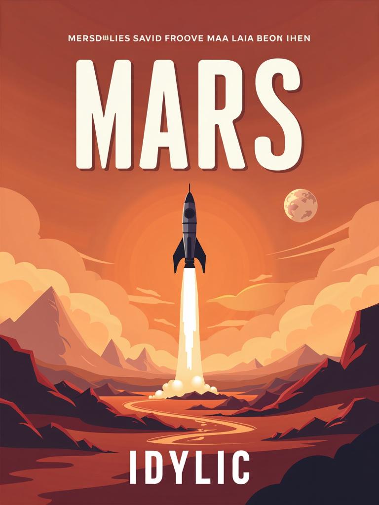 Book cover with a Martian landscape and a rocketship launching in the background, Earth in the distance, title 'MARS' at the top in Paytone One font, and author 'IDYLLIC' at the bottom in Paytone One font, all in bold white color